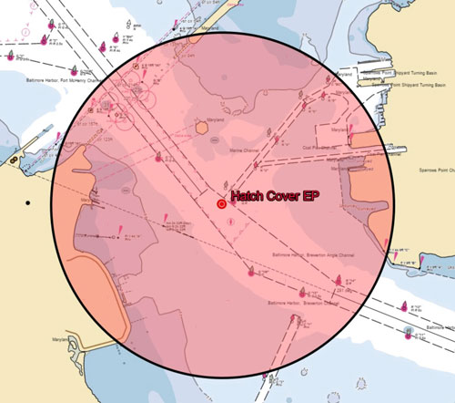 2,000-yard safety zone around the MV W Sapphire incident location, spanning from the Francis Scott Key Bridge to Brewerton Angle Channel LB “14”